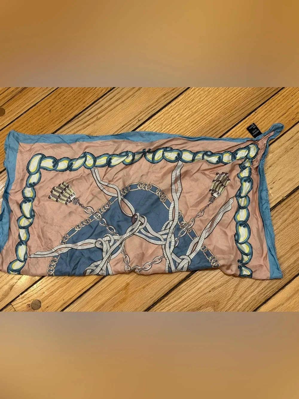 Wensli 100% Silk Chain-Print Vintage Equestrian style Scarf blue and pink